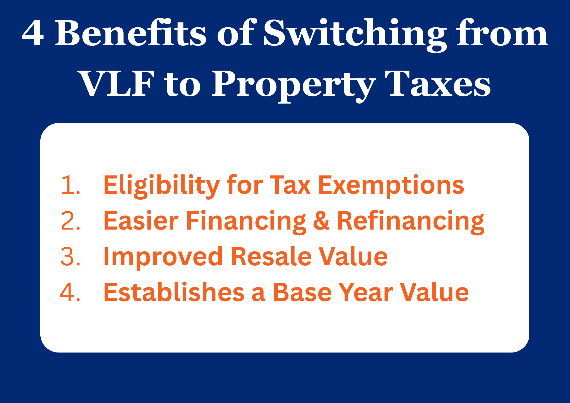 Infographic on benefits of switching from VLF to Property Tax