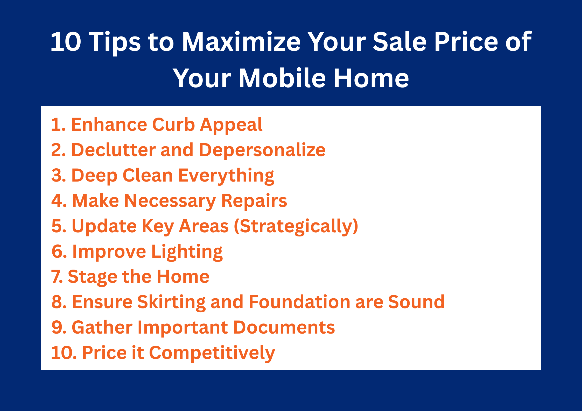 Infographic on 10 tips to maximize the sale price of your mobile home
