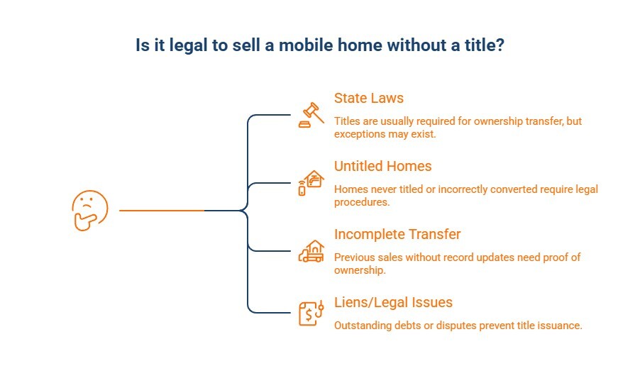 Infographic showing the mobile home title resolution process, including checking state laws, requesting a duplicate title, establishing ownership, and resolving liens before selling without a title.