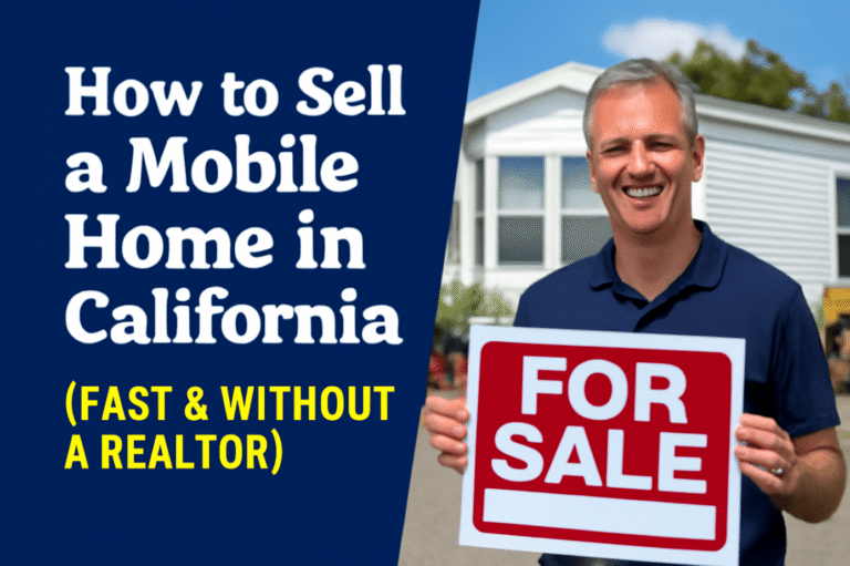 A man holds a "For Sale" sign in front of a mobile home