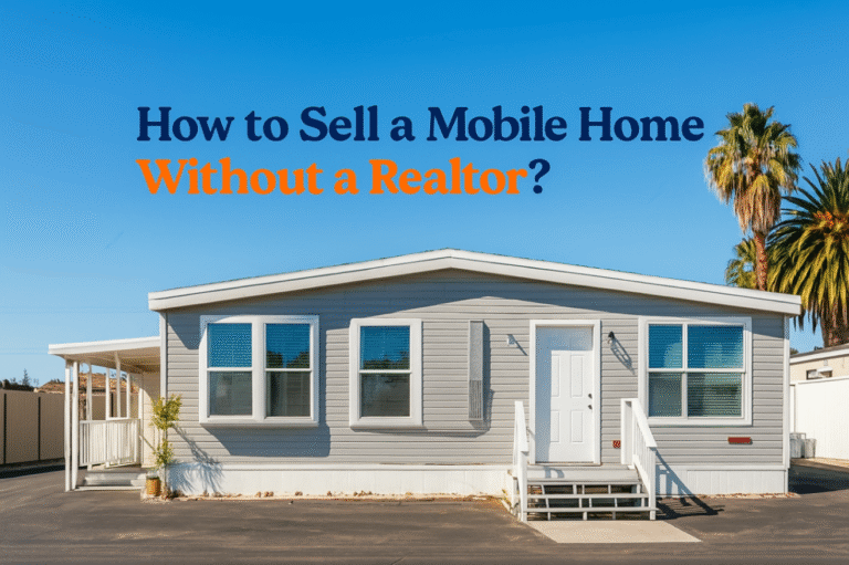Gray mobile home under a blue sky with the text "How to Sell a Mobile Home Without a Realtor?"