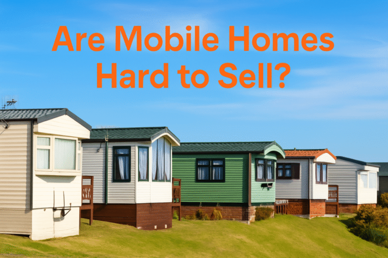 A row of colorful mobile homes, with bold orange text overlaid reading 'Are Mobile Homes Hard to Sell?