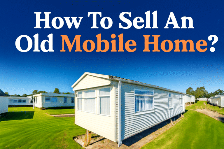 'How to sell an old mobile home?' text overlay on a background featuring mobile homes