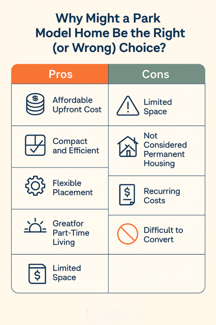Infographic showcasing pros and cons of park model