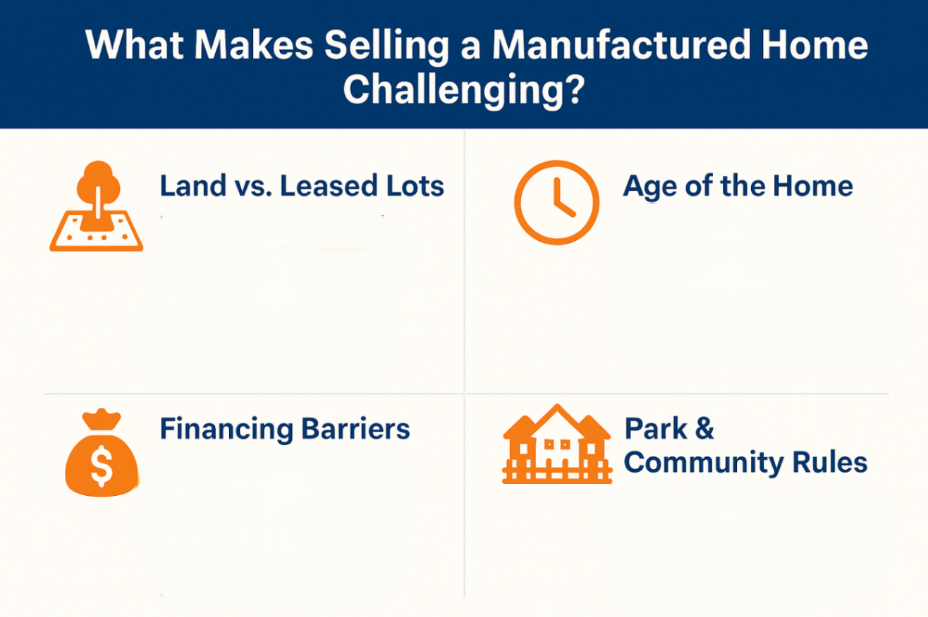 Infographic showcasing why manufactured home selling is challenging