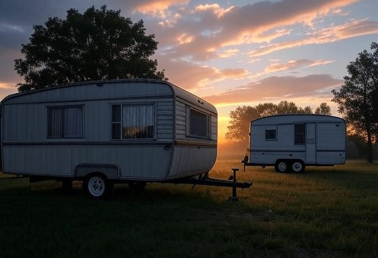 Mobile home and trailer home standing side by side