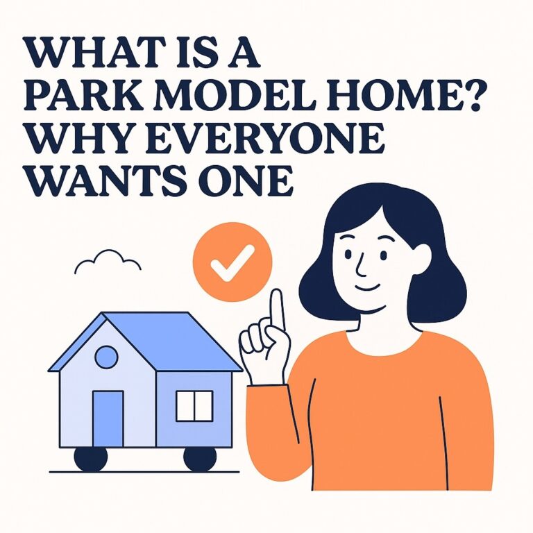 Illustration of a smiling woman in an orange shirt pointing upward beside a blue park model home