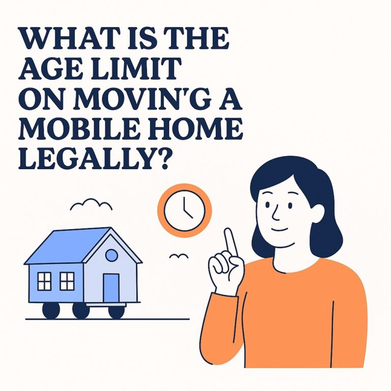 Illustration of a woman in an orange shirt pointing beside a blue mobile home and clock
