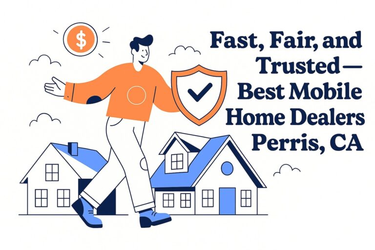 Illustration of a smiling man holding a shield with a checkmark beside mobile homes