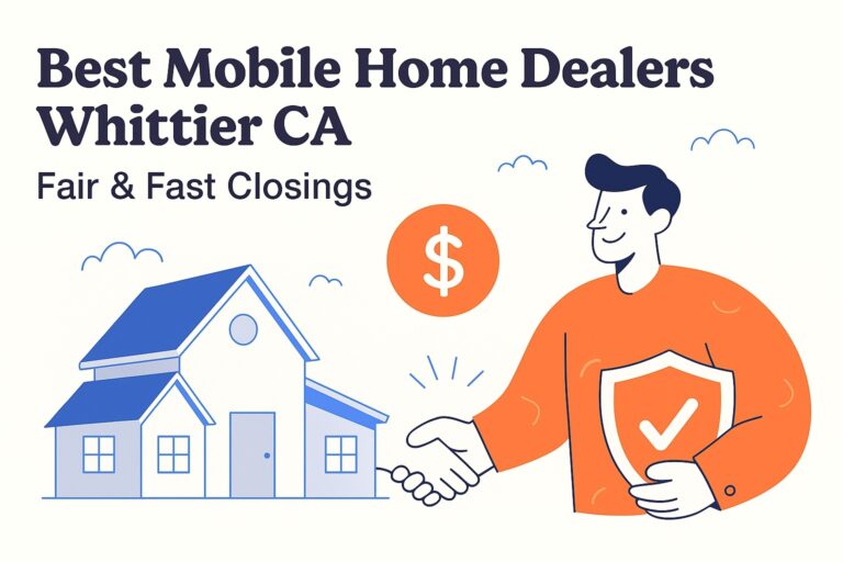 Illustration of a smiling man shaking hands beside a mobile home