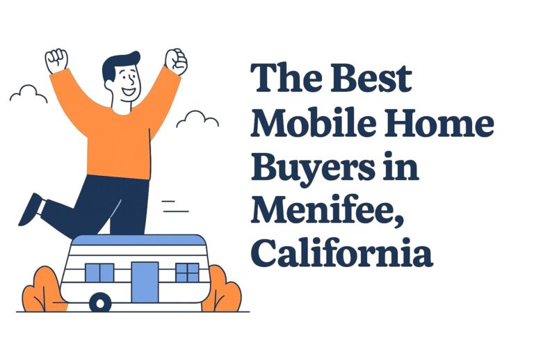 Illustration showing a cheerful man beside a mobile home