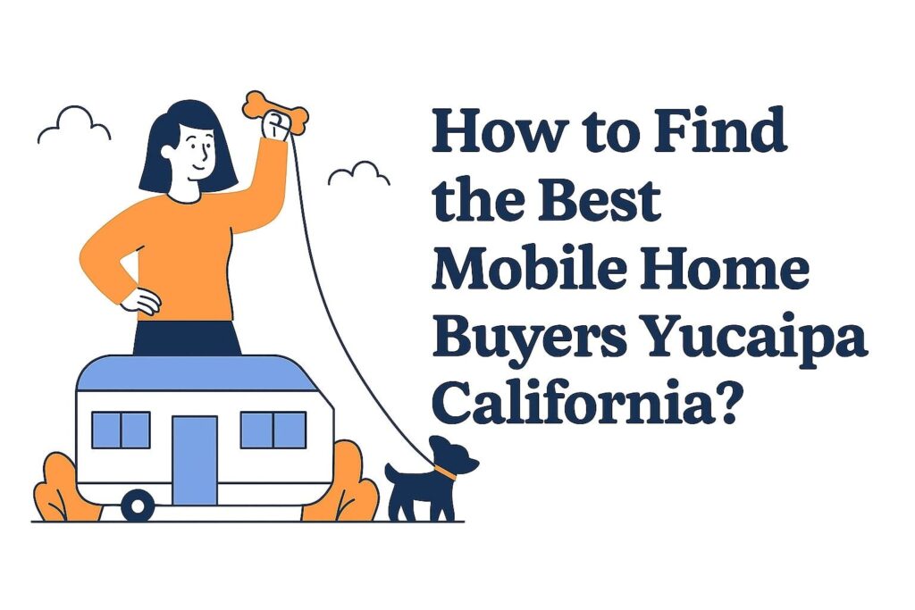 Illustration of a woman walking her dog beside a mobile home.